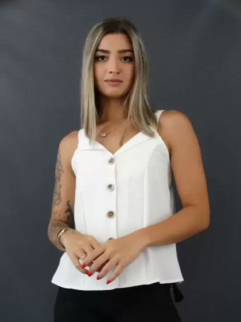 Blusa de Alça com botões em Oxford Branco [2103021]