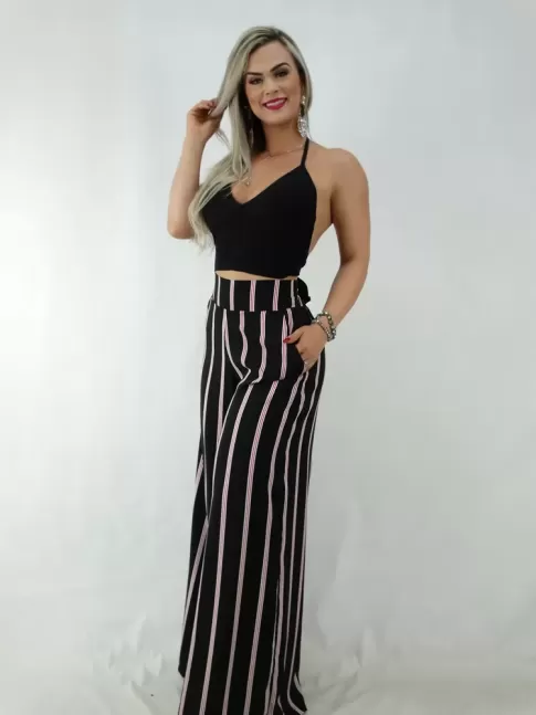 Calça Pantalona em Viscose com Pala e Elástico Preto Listras Vermelhas [2001065]