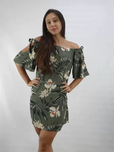 Vestido Ciganinha Manga Flare em Viscose Verde Flores e Folhas [2303031&91;