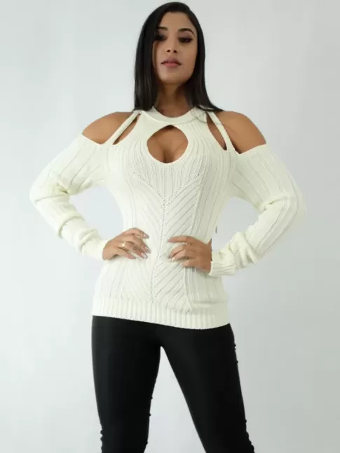 Blusa em Tricot Manga Longa Decote Gota Manga Vazada Off White [1904099]