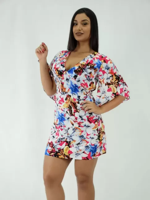 Vestido em Viscose Manga Anjo Flower Rosa