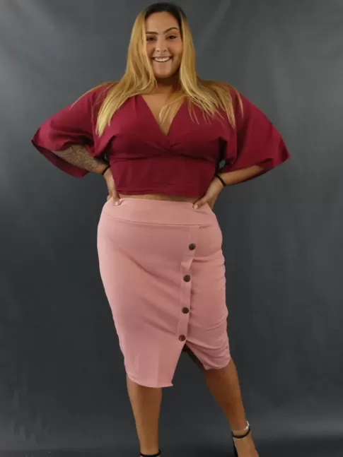 Saia Midi Frente com Botões e Fenda Plus Size em Jacquard Rose[2106022]