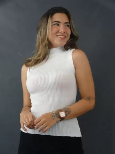 Blusa Feminina em Tricot Canelado com Elastano Gola Alta Sem Manga Branco [2205009]