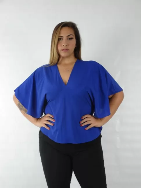 Blusa Feminina Decote V Frente e Costas Manga Morcego em Viscose Plus Size Azul Caneta [2209059]