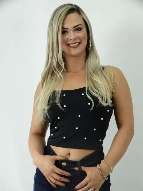 Cropped em Suplex com Bojo Preto com Perolas [1901125]