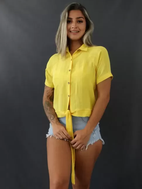 Blusa de Manga com Gola e Botões Detalhe Listras em Crepe Amarelo [2102011]