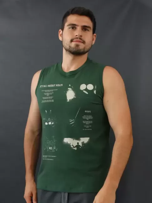 Camiseta Masculina Regata Estampada About Rock Paint Verde [2010032]