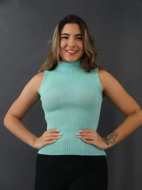 Blusa Feminina em Tricot Canelado com Elastano Gola Alta Sem Manga Verde [2205097]