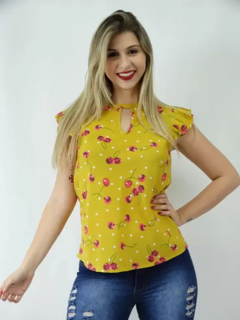 Blusa em Viscose Detalhe Gota e Amarração Amarelo Poa Cerejas [1810223&91;