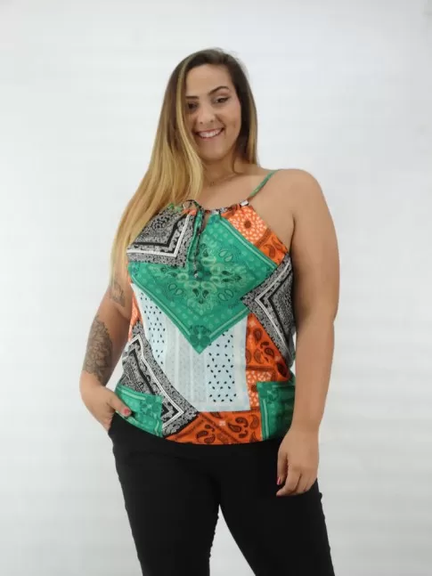 Blusa Feminina de Alca Decote V Vazado em Viscose Plus Size Etnico Colors [2209048]
