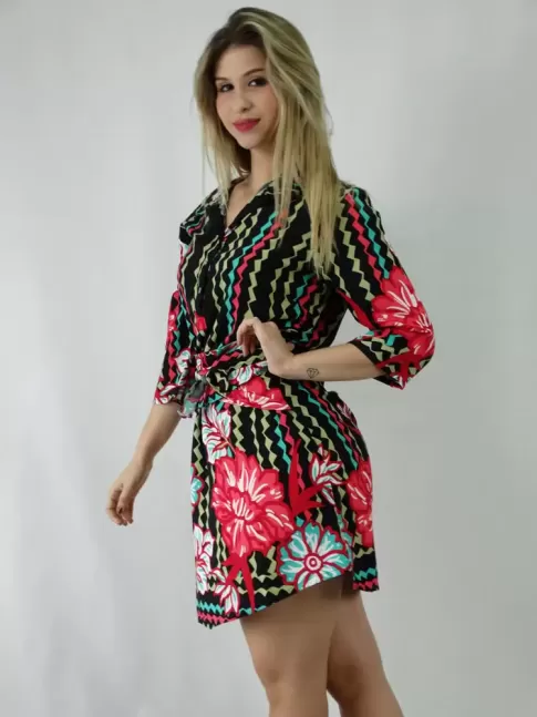 Vestido em Viscose Meia Manga com Amarracao [1810079]