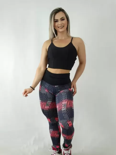 Calça Legging em Suplex Estampado Riscos Detalhes Rosa [1909246]