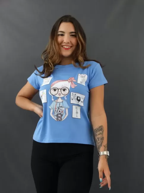 Blusa Feminina T-shirt Estampada em Viscolycra Azul Menina New [2109217]