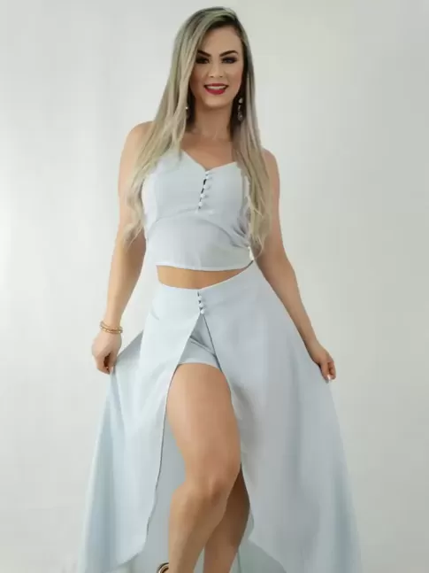 Conjunto em Crepe Short Saia e Blusa Cropped com Botões Azul [1909332]