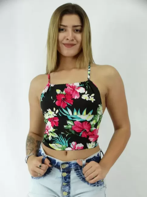 Cropped Frente unica em Viscose Black Floral