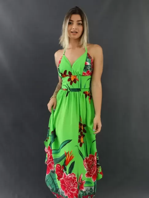 Conjunto Saia Barra Arredondada e Cropped em Viscose Amarelo Flores e Folhas [2101080]