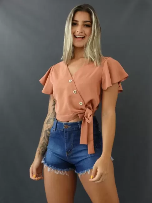 Blusa de Manga Decote V com Botões Detalhe Laço em Oxford Rosa [2102006]