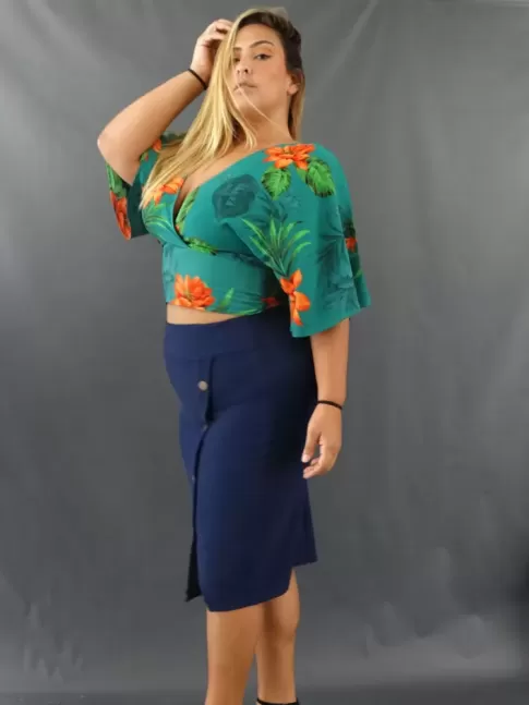Saia Midi Frente com Botões e Fenda Plus Size em Jacquard Azul Marinho[2106023]