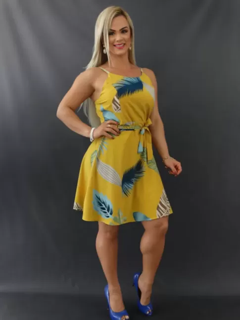 Vestido Midi de Alça com Bojo com Pala e Cinto em Oxforde  Mostarda Folhas [2109271]