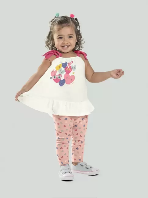 Conjunto Infantil Feminino Blusa Malha e Legging Cotton Lycra Off White e Rosé Coracões [2008206&91;