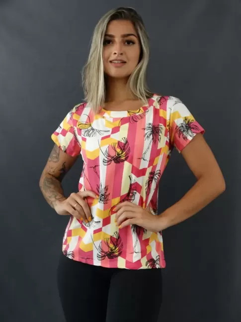 Blusa T-shirt Estampada em Viscolycra Listras Rosa e Amarelo Folhas [2101125]