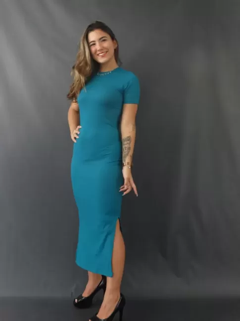 Vestido Gola Redonda com Manguinha Midi com Fenda em Suplex Canelado Azul Petroleo [2112096]