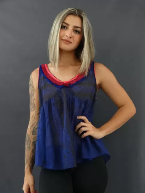 Blusa de Alça com Franjas em Voil Estampado Azul [2012089]