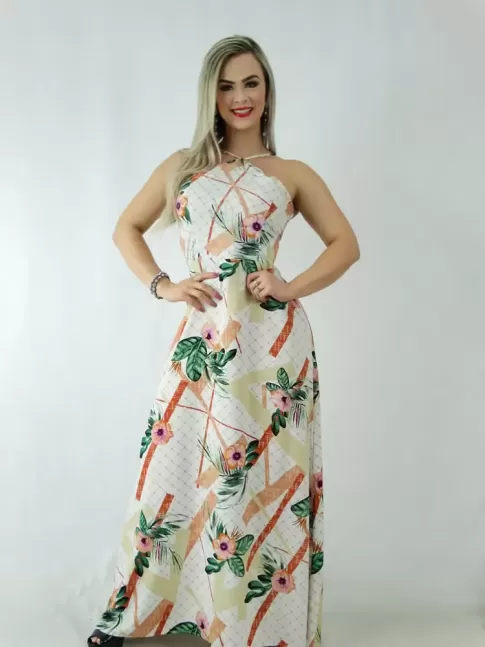 Vestido Longo em Viscose Frente Única Off White Folhas Geométrico [1910141]