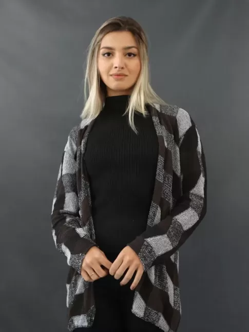 Kimono Feminino em Tricot Xadrez Marrom com Preto e Branco [2107059]
