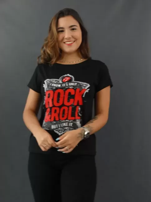 Blusa Feminina T-shirt Estampada em Viscolycra Preto Rock e Roll [2109212]