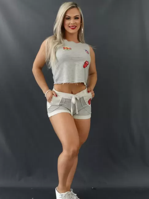 Conjunto Blusa e Short Corte a Fio e com Apliques Patch em Malha Cinza [2301001]