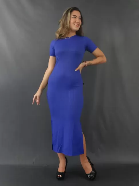 Vestido Gola Redonda com Manguinha Midi com Fenda em Suplex Canelado Azul Caneta [2112091]