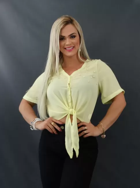 Blusa Feminina com Perolas Decote V com Manga em Crepe Amarelo [2109245]