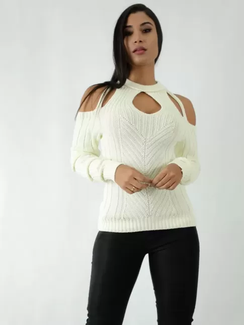 Blusa em Tricot Manga Longa Decote Gota Manga Vazada Off White [1904099]