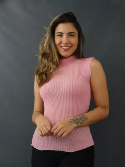 Blusa Feminina em Tricot Canelado com Elastano Gola Alta Sem Manga Rosa Claro [2205094]