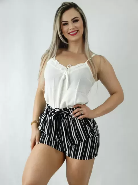 Short em Gabardine com Elástico Listrado Preto [1909319&91;