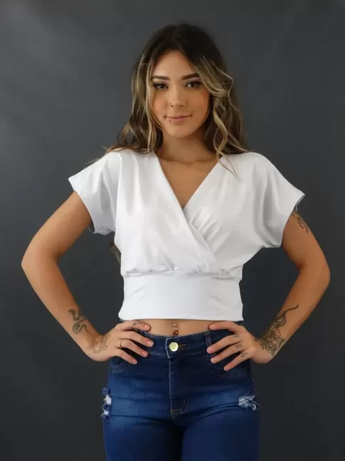 Blusa Feminina Decote Transpassado com Pala em Viscolycra Branco [2110017]