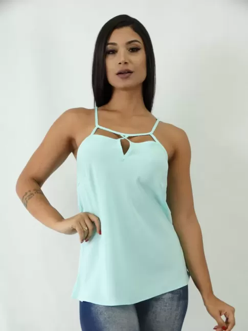 Blusa em Viscose de Alça com Decote Gota e Tiras Azul Claro [1902276]