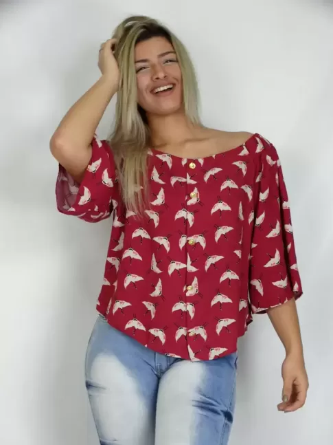 200- Blusa Ombro a Ombro Mangenta Pássaros