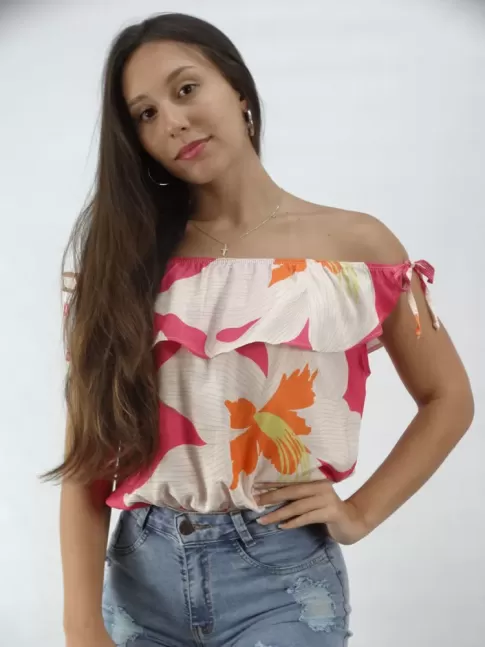 Blusa Feminina Ciganinha de Alca com Lacinho e Babado em Viscose Geometrica Colors [2303019]