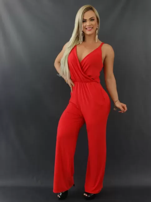 Macacão Pantalona de Alça Decote Transpassado em Malha Fluid Vermelho [2109278]