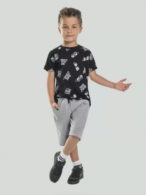 Conjunto Infantil Masculino Blusa T-Shirt Stay Cool e Short Bicolor Preto e Cinza [2008214]