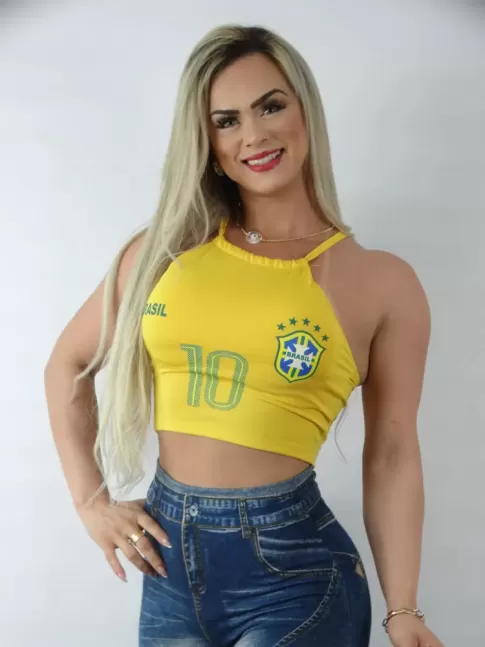 Blusa Feminina Cropped de Alça com Bojo Copa do Mundo Brasil em Suplex Amarelo [2209096]