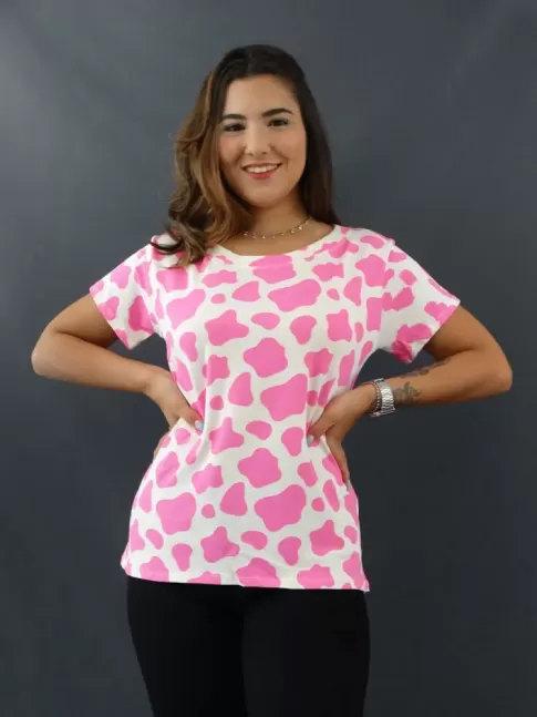 Blusa Feminina T-shirt Estampada em Viscolycra Off White Animal Print Rosa [2109227]