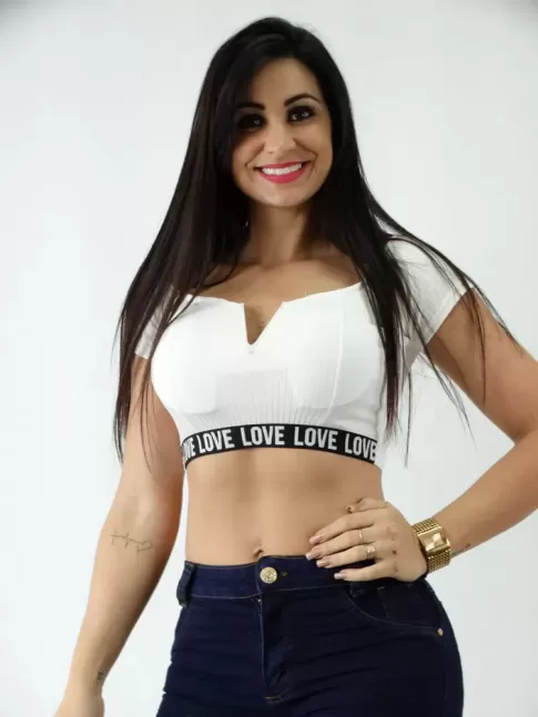 Cropped em Malha Canelada Decote V com elastico Off White