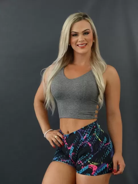 Short em Suplex Estampado Preto Riscos Corações Neon [2101028]