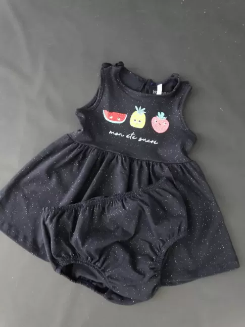 Vestido Infantil e Calcinha em Meia Malha Estampa Frutas Azul Marinho Glitter [2008201]