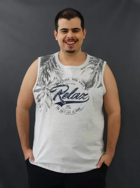 Camiseta Masculina Regata Folhas Relax Cinza Claro Plus Size [2010037]