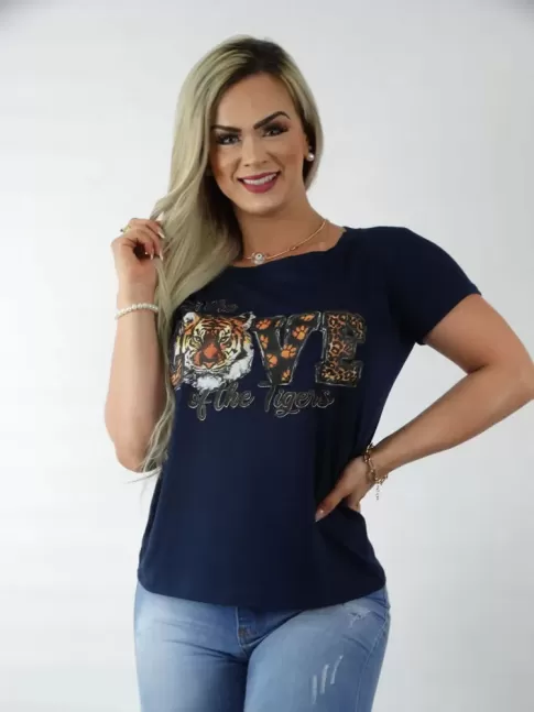 Blusa Feminina T-shirt em Viscolycra Azul Marinho For The Love Of The Tigesrs [2209072&91;