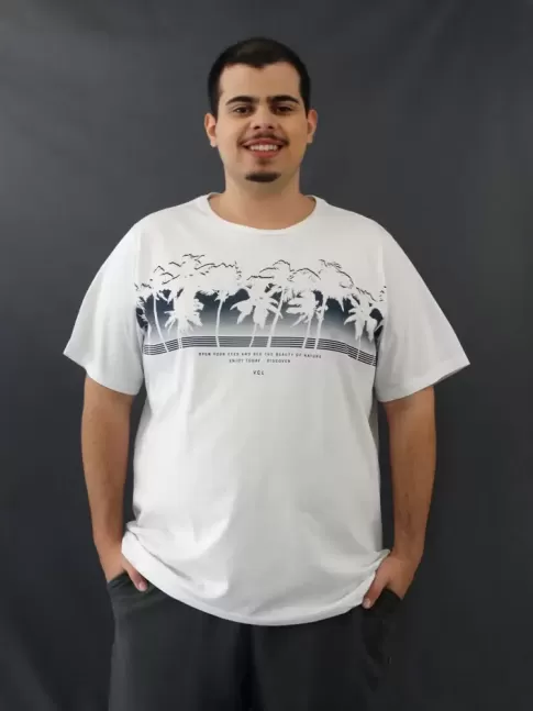 Blusa T-shirt Masculina Estampada Coqueiros Branco Plus Size [2010023]